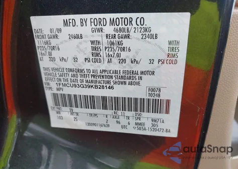 2009 Ford Escape Xlt z USA, uszkodzony, nr VIN 1FMCU93G39KB28146